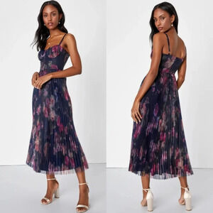 Lulu's Alluring Invite Midnight Blue Floral Pleated Bustier Midi Dress Party